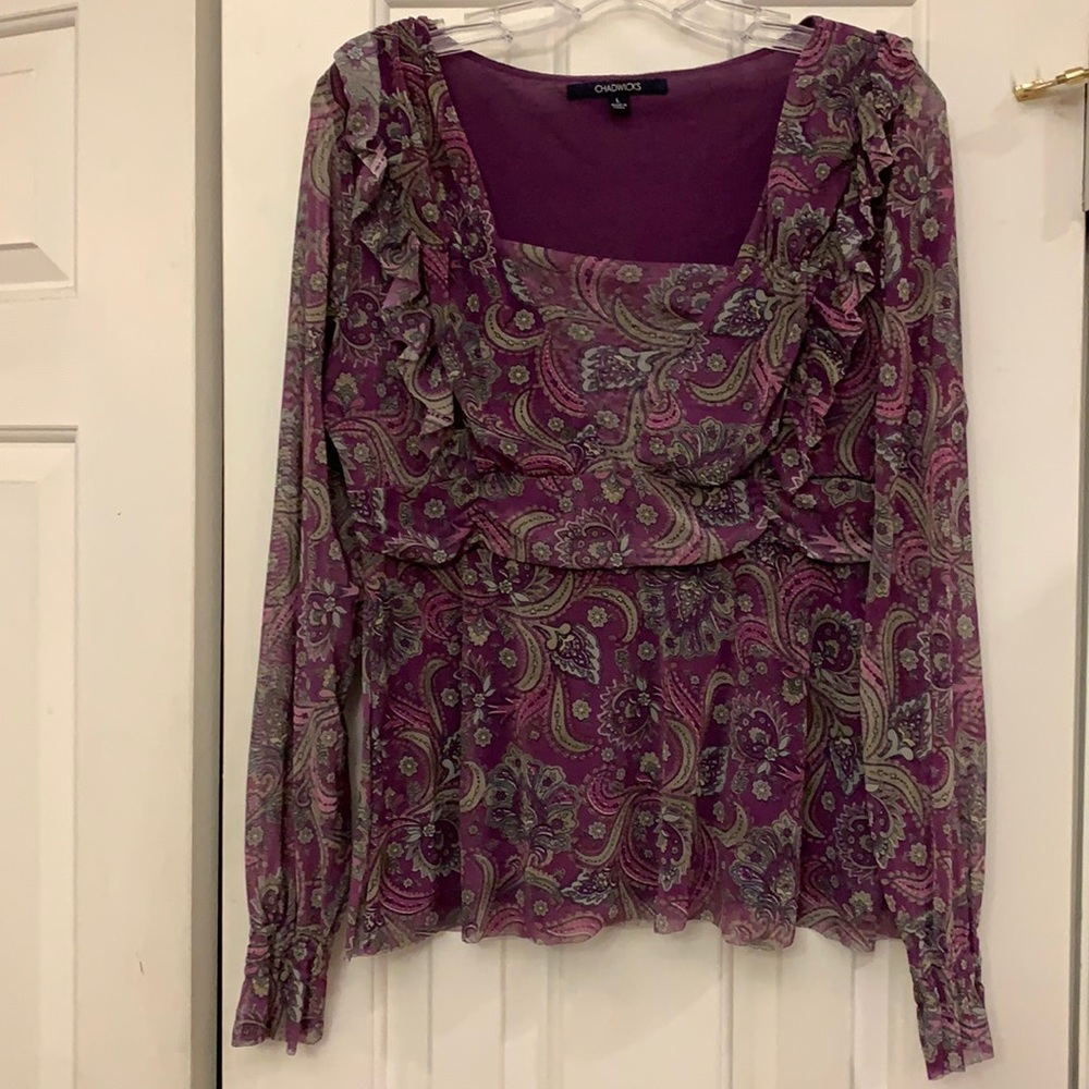 😍 2/$29 Chadwicks Meshy stretchy lined top semi sheer sleeves L